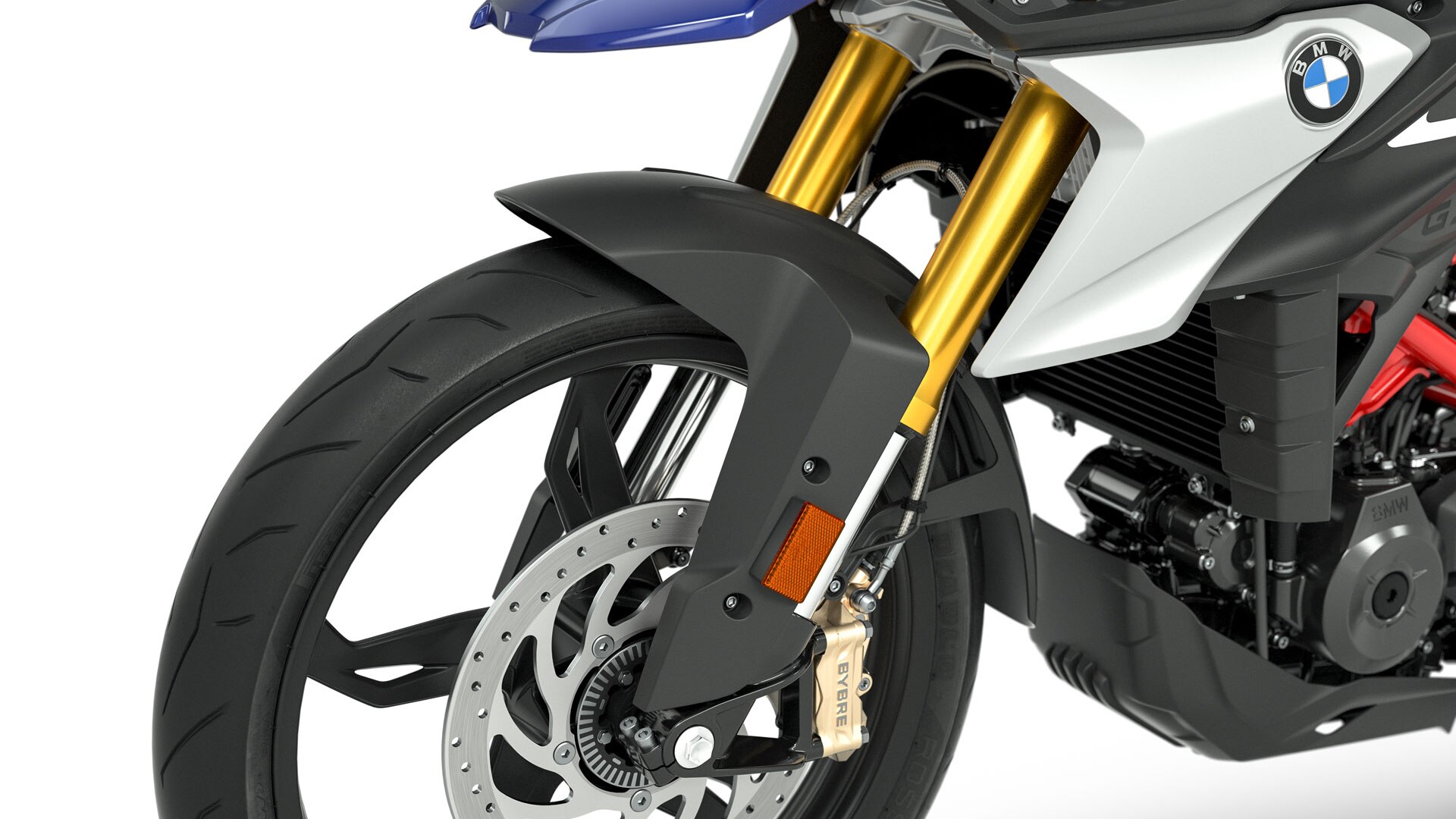 Vemos la horquilla invertida anodizada en oro de la G 310 GS.