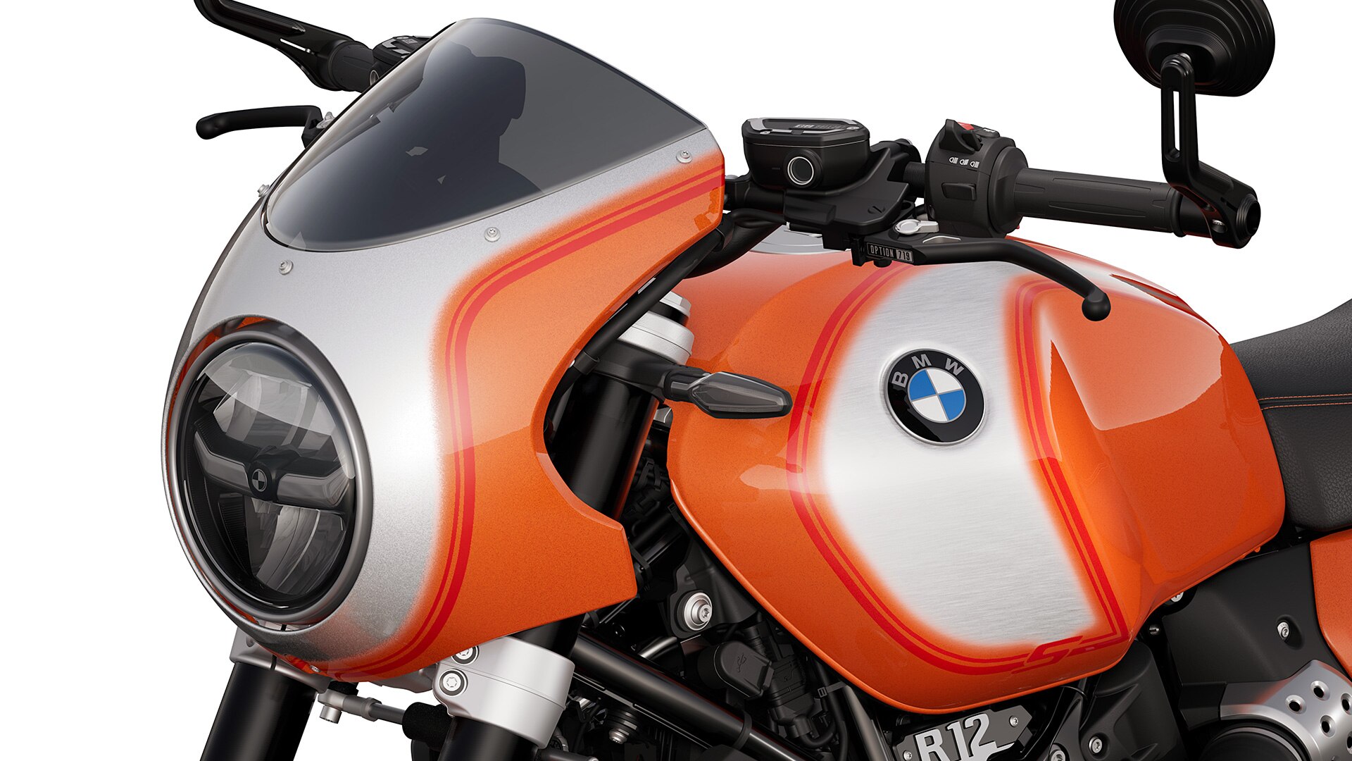 The dynamic front trim panel with paintwork in Lava orange metallic on the R 12 S from BMW Motorrad